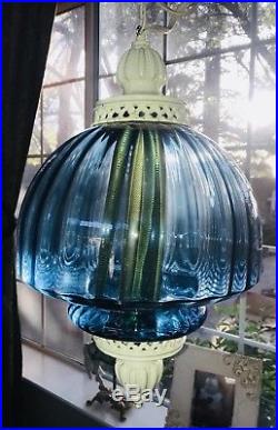 Vintage Hanging Light Swag Lamp Blue Glass Globe working rare awesome