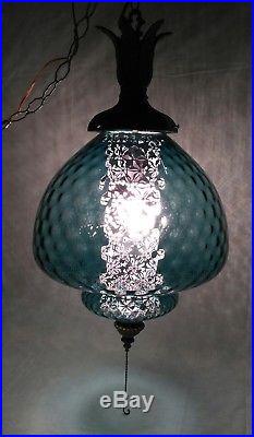 Vintage Hanging Light Swag Lamp Blue Glass quilted Globe MCM Mid Century Modern