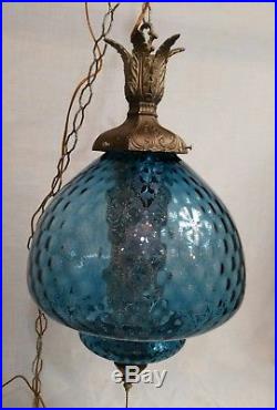 Vintage Hanging Light Swag Lamp Blue Glass quilted Globe MCM Mid Century Modern