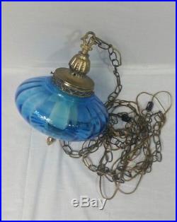 Vintage Hanging Light Swag Lamp blue Glass Globe 60s EF & EF INDUSTRIES INC