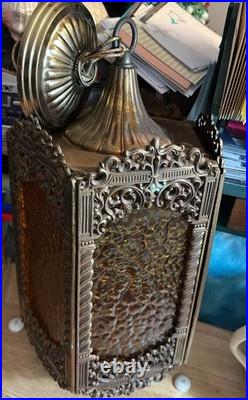 Vintage Hanging MCM Five Panel Amber Glass Ornate Metal Heavy Hanging Swag Lamp