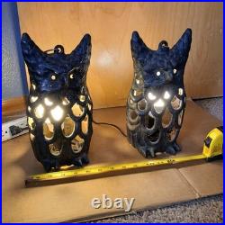 Vintage Hanging Owl Lamps Pair Cast Iron Swag Lights Rustic Gothic Cabin Decor