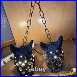 Vintage Hanging Owl Lamps Pair Cast Iron Swag Lights Rustic Gothic Cabin Decor