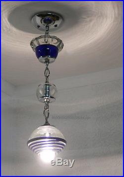 Vintage Hanging Pendant Designer Fixture Lamp Light Cobalt Blue Art Glass Chrome