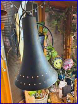 Vintage Hanging Pendant Lamp Dark Blue and Brown Brass Patina Effect Bell Shape