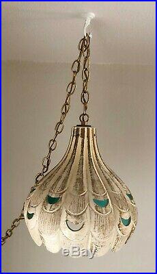 Vintage Hanging Pottery Swag Lamp MCM Hollywood Regency Cream, Gold, Turquoise