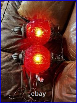 Vintage Hanging Red Globe Lamp Swag Chain Light Glass WORKS! Retro MCM Decor