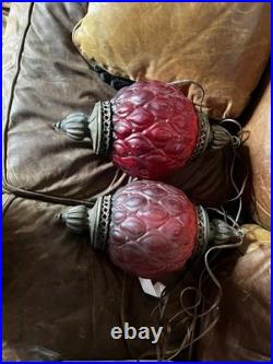 Vintage Hanging Red Globe Lamp Swag Chain Light Glass WORKS! Retro MCM Decor