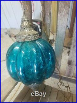 Vintage Hanging Retro Glass Swag Lamp Light BLUE with Diffuser