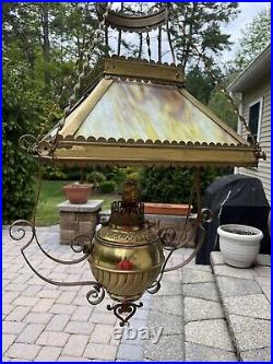 Vintage Hanging Slag Glass Electrified Oil Lamp