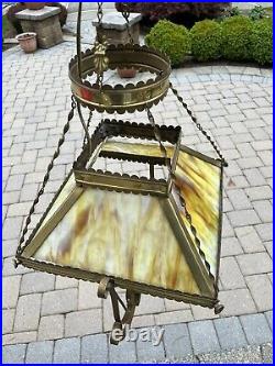 Vintage Hanging Slag Glass Electrified Oil Lamp