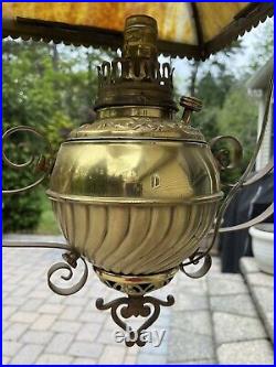 Vintage Hanging Slag Glass Electrified Oil Lamp