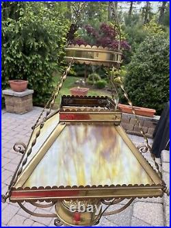 Vintage Hanging Slag Glass Electrified Oil Lamp