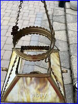 Vintage Hanging Slag Glass Electrified Oil Lamp