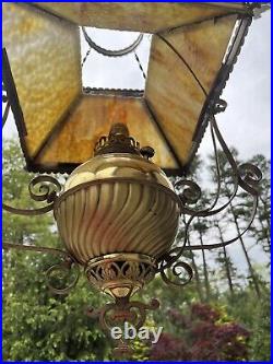 Vintage Hanging Slag Glass Electrified Oil Lamp