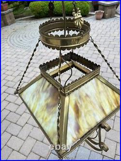 Vintage Hanging Slag Glass Electrified Oil Lamp