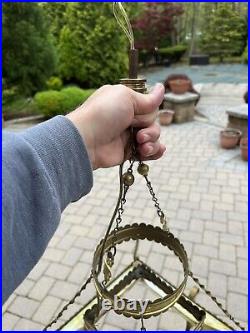 Vintage Hanging Slag Glass Electrified Oil Lamp