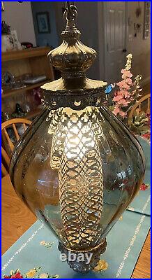 Vintage Hanging Smoke Colored Glass Swag Lamp With Light Diffuser