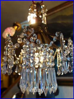 Vintage Hanging Swag Bronze Brass lamp Chandelier crystal Spider Crown beaded