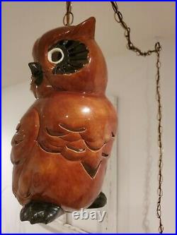 Vintage Hanging Swag Ceramic Owl Lamp Light Mid Century Hand Painted Folk Art