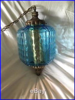 Vintage Hanging Swag Lamp Blue Coin Spot Glass Signed Dated 1966 NR