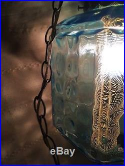 Vintage Hanging Swag Lamp Blue Coin Spot Glass Signed Dated 1966 NR