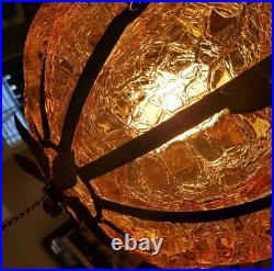 Vintage Hanging Swag Lamp Crackle Glass Amber shade with Black Wrought Iron