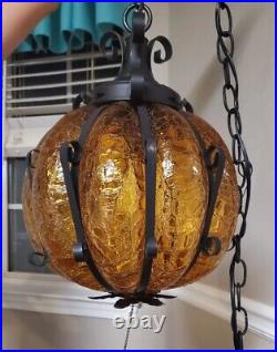 Vintage Hanging Swag Lamp Crackle Glass Amber shade with Black Wrought Iron