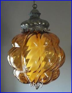 Vintage Hanging Swag Lamp Honey Amber Gold Swirl Glass Light Mid Century