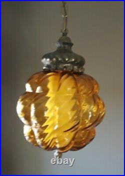 Vintage Hanging Swag Lamp Honey Amber Gold Swirl Glass Light Mid Century
