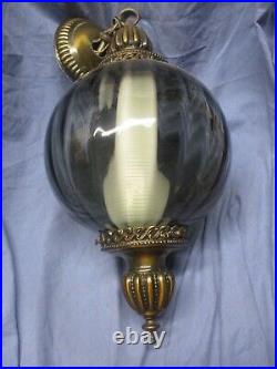 Vintage Hanging Swag Lamp Light Fixture Smoke Glass Diffuser Ribbed Mid Century