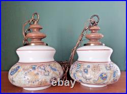 Vintage Hanging Swag Lamp Lights 1980s Union Made Blue Floral Paisley Brown