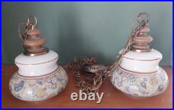 Vintage Hanging Swag Lamp Lights 1980s Union Made Blue Floral Paisley Brown