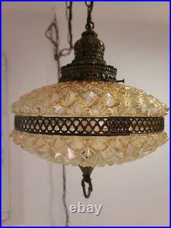 Vintage Hanging Swag Lamp Mid Century Regency Pineapple Peach Tint Cut Glass