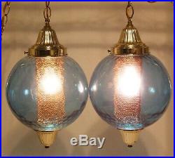 Vintage Hanging Swag Lamp Pair Blue Flashed Glass Mid Century Coin Dot Globe