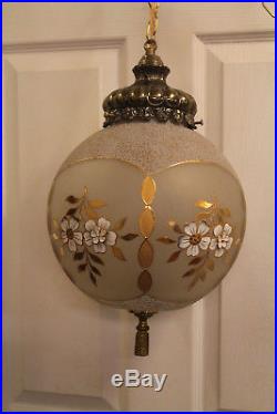 Vintage Hanging Swag Lamp White Globe Hollywood Regency Gold Gild Light