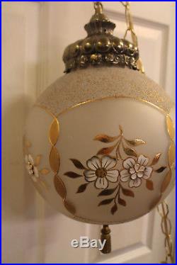Vintage Hanging Swag Lamp White Globe Hollywood Regency Gold Gild Light