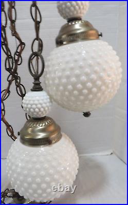 Vintage Hanging Swag Light Fixture Hobnail Milk Glass Double Globes Hollywood