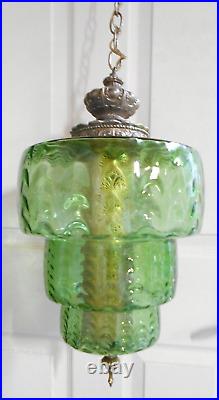 Vintage Hanging Swag Light Lamp Green Glass Step Globe (LS)