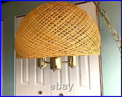 Vintage Hanging Swag Light Pendant Lamp Wicker Rattan 17 x 15 Shade 3 Bulb BoHo