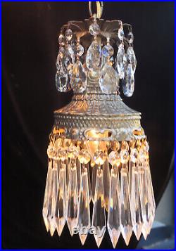 Vintage Hanging Swag ROCOCO Tole spelter lamp Chandelier crystal prisms cascade