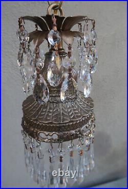 Vintage Hanging Swag ROCOCO Tole spelter lamp Chandelier crystal prisms cascade