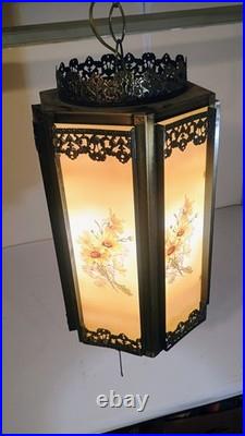 Vintage Hanging Swap Lamp Latern Style with Floral Glass Panels