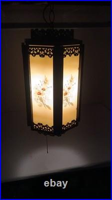 Vintage Hanging Swap Lamp Latern Style with Floral Glass Panels