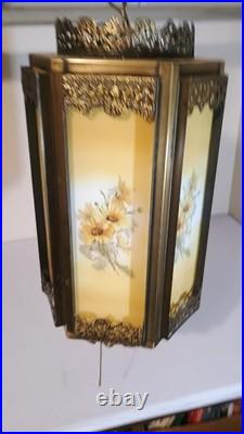 Vintage Hanging Swap Lamp Latern Style with Floral Glass Panels