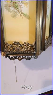 Vintage Hanging Swap Lamp Latern Style with Floral Glass Panels