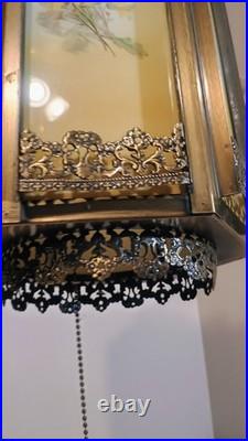 Vintage Hanging Swap Lamp Latern Style with Floral Glass Panels