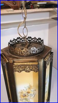 Vintage Hanging Swap Lamp Latern Style with Floral Glass Panels