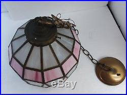 Vintage Hanging Tiffany Style Pink Stained Slag Glass Shade Hanging Light Lamp