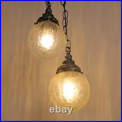 Vintage Hanging Twin Crackled Glass Globe Brass Hanging Swag Lamp Light Fixture